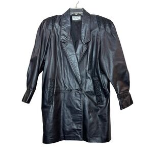 Northside Fashions Leather Trench Coat Womens Large Black 80s Vintage Edgy Biker